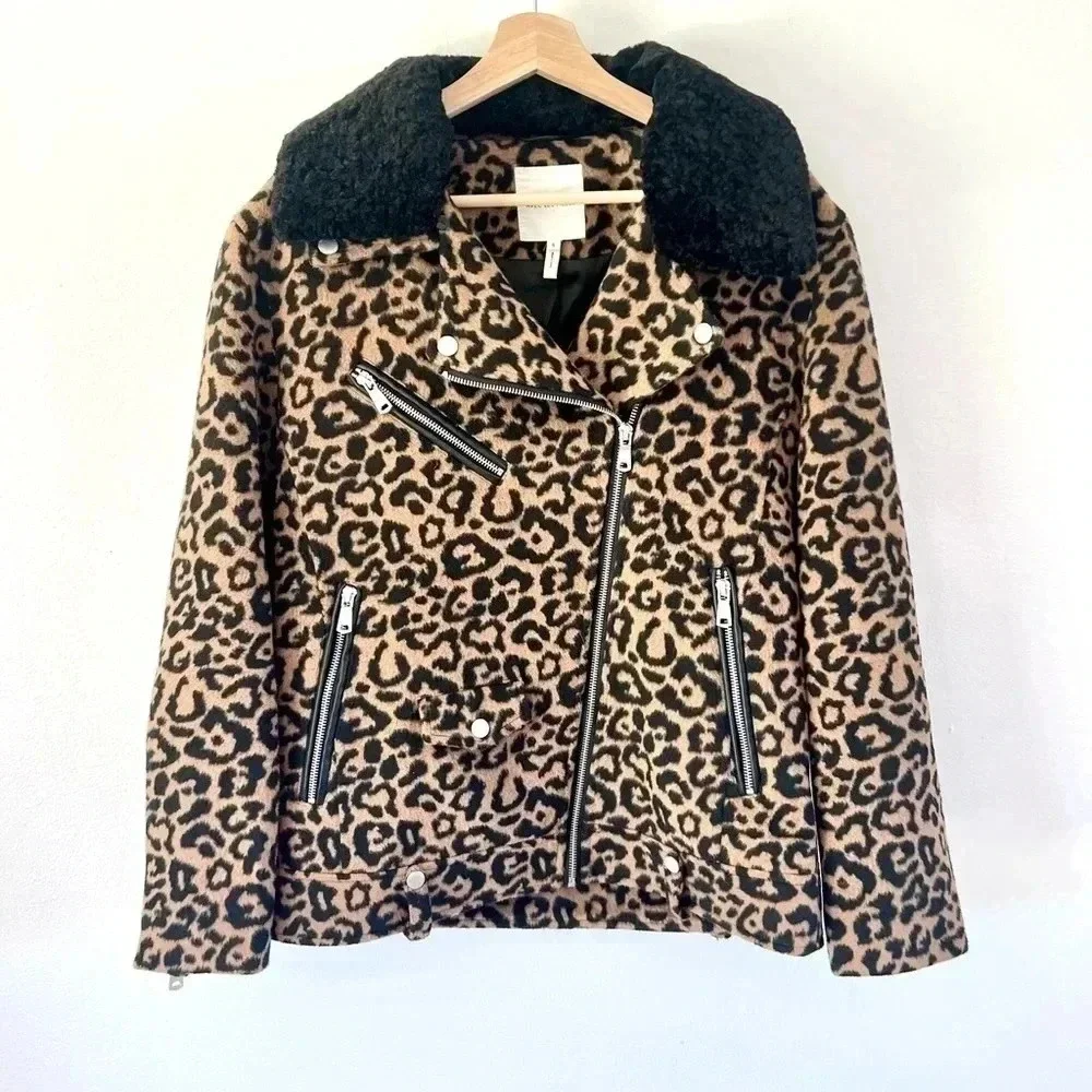 Avec Les Filles Leopard Print Full Zip Moto Biker Jacket Size‎ Small